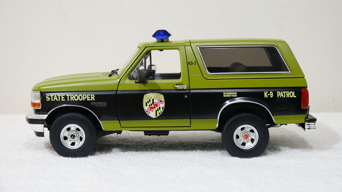 1/18 scale Maryland State Police 1996 Ford Bronco with custom added lights and siren. FREE SHIPPING