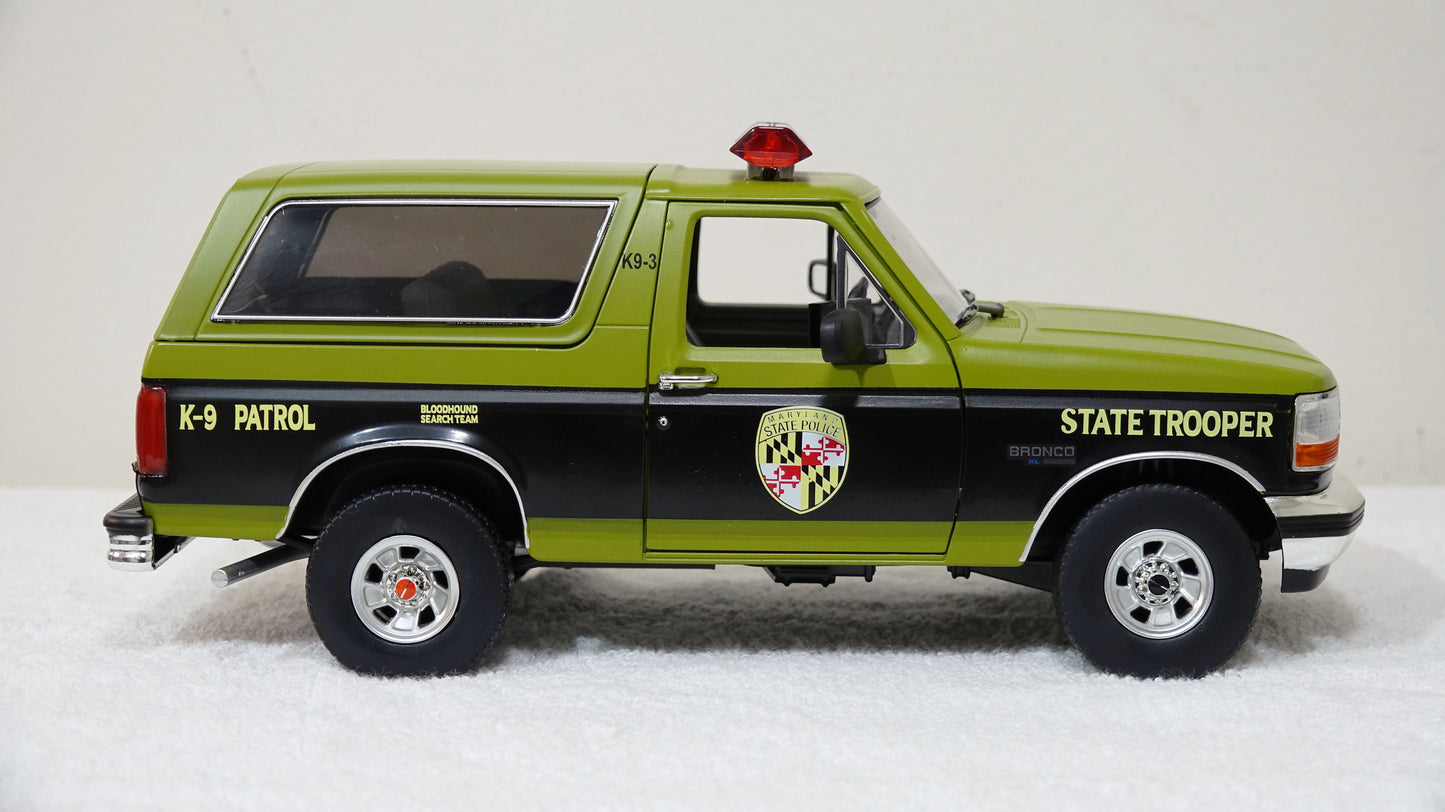 1/18 scale Maryland State Police 1996 Ford Bronco with custom added lights and siren. FREE SHIPPING